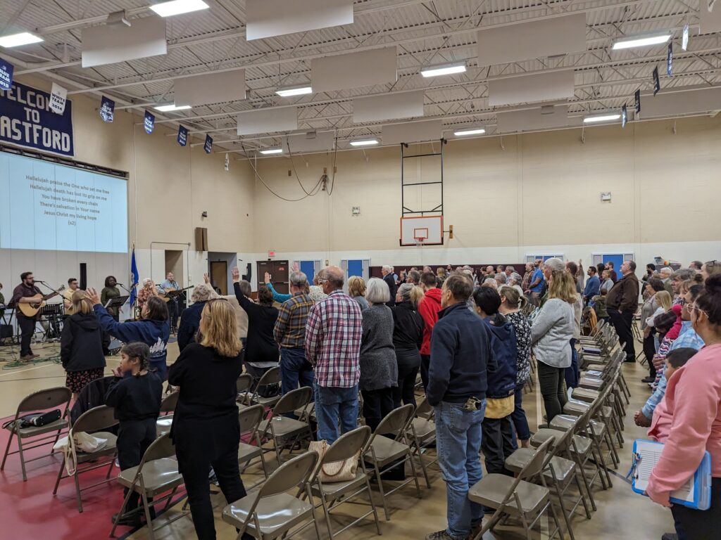 The Congregational Church of Eastford's Sunday Worship Service takes place in the Eastford Elementary School gym while we work to rebuild our church.