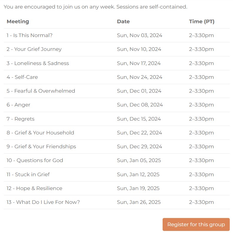 GriefShare 13-week schedule from Nov 3, 2024 - Jan 26, 2025