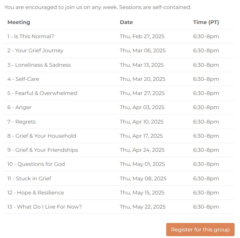 GriefShare 13-Week Schedule from Feb 27 - May 22, 2025